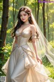 A woman in a wedding dress standing in the woods.