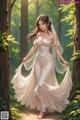 A woman in a wedding dress walking through a forest.