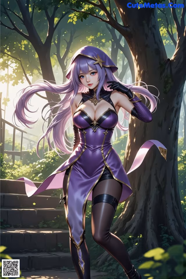 A woman in a purple outfit is standing in the woods.