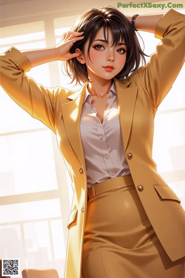 A woman in a yellow suit standing in front of a window.