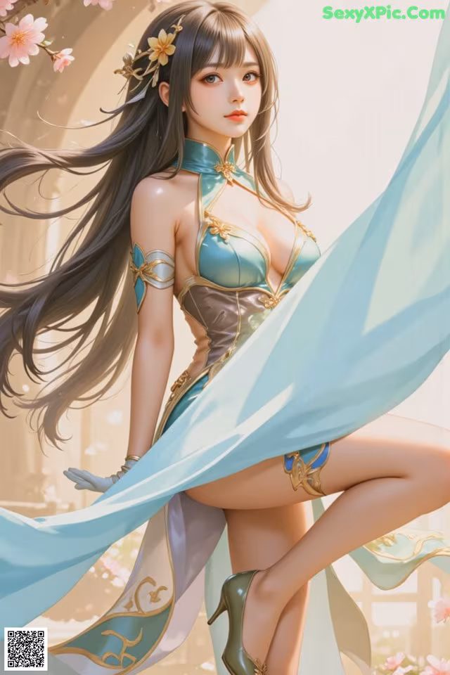 A woman in a blue dress is posing for a picture.